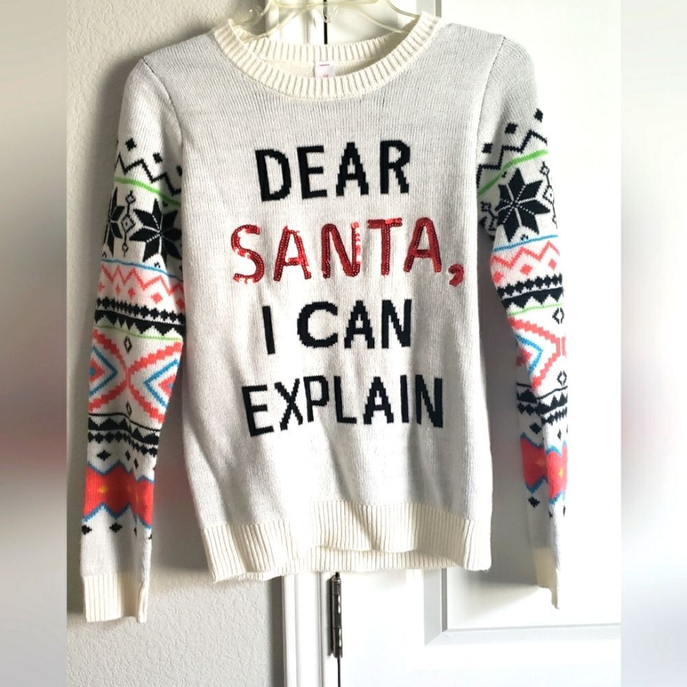 Ugly Christmas Sweater White Dear Santa I Can Explain with Sequins Sz S (3-5)